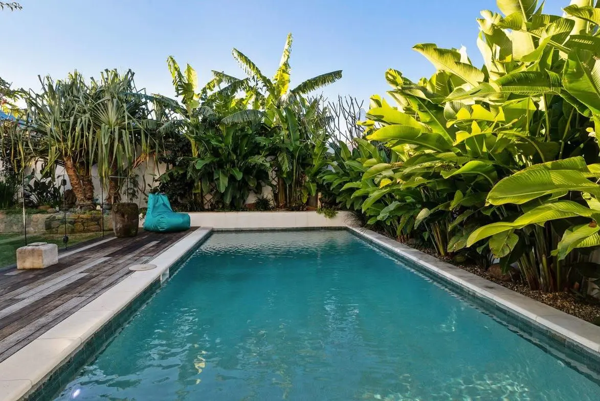 Lap pool lined with banana palms and timber decking