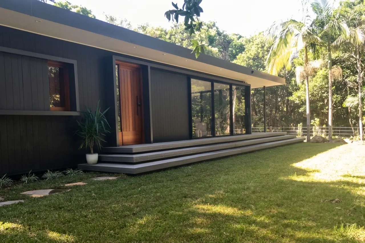 A black timber-clad home with a skillion roof, set among trees